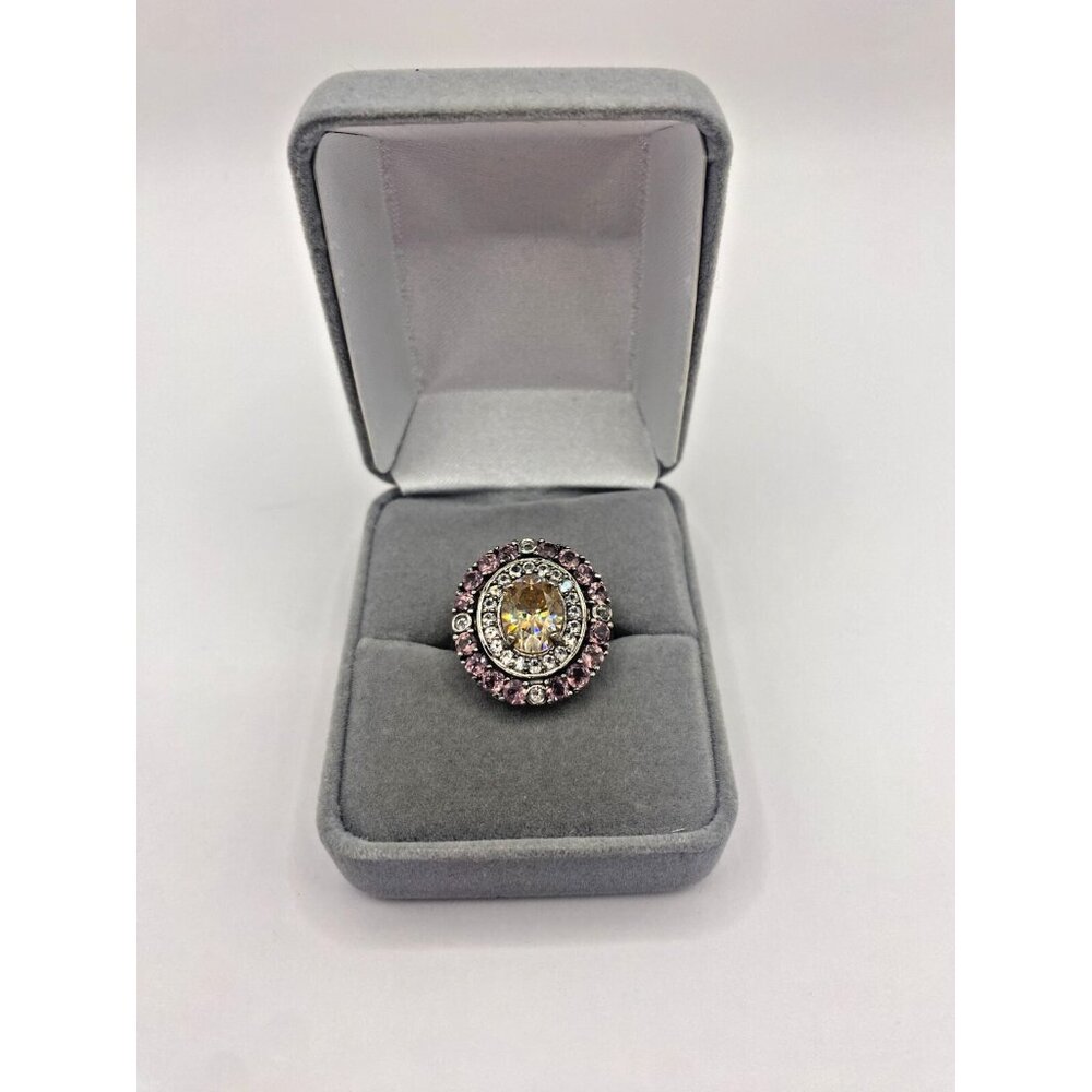925 Silver Ring Size 7 Strontium/Pink Garnet/CZ,  Cocktail Ring